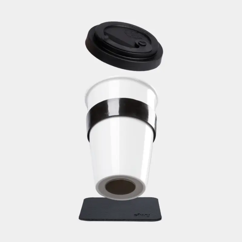 Certifié Tasse à café/thé magnétique en porcelaine Silwy Porcelain To-Go, blanc/noir, 35 cl / 350 ml + sous-verre magnétique + couvercle