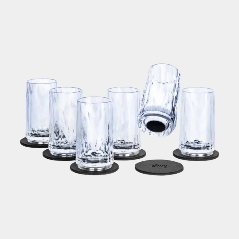 Offre Du Jour Verres à shot en plastique magnétiques Silwy Magnetic Plastic Glass Shot, transparent, 4 cl, pack de 6 + sous-verres magnétiques