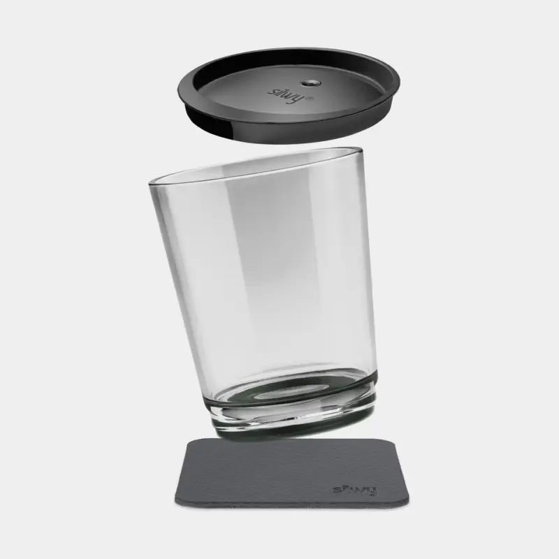 Prix Bas Verre en plastique magnétique Silwy Magnetic Drinking Cup Triple Pearl Grey, transparent/gris, 25 cl + sous-verre magnétique + couvercle anti-débordement