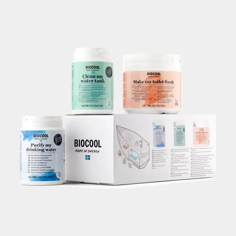 Kit de nettoyage pour eau potable, réservoir & WC BioCool, 50 tablettes (réservoir d’eau), 130 tablettes (WC), 250 tablettes (eau potable) Expédition Rapide